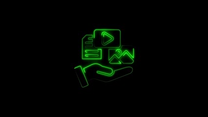 Hand presenting files video and photo content green neon illustration on black background
