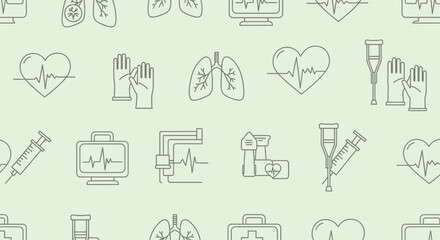 Naklejka premium Seamless pattern of medical icons: heart, lungs, gloves, crutches, syringe, EKG monitor, first-aid kit.