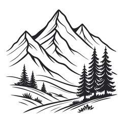 Obraz premium Hand Drawn Black Silhouette Mountain Range with Pine Trees