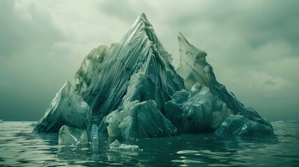 iceberg made of compressed plastic bottles floating in toxic sludge on textures K ecohorror .