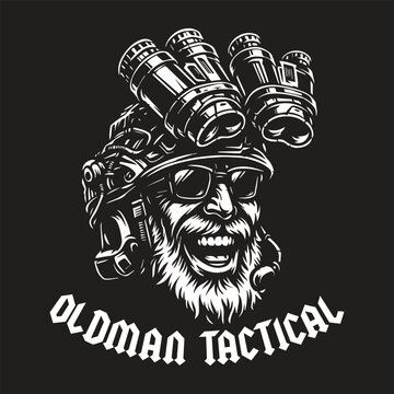 black and white vector logo of old man soldier with tactical helmet night vision