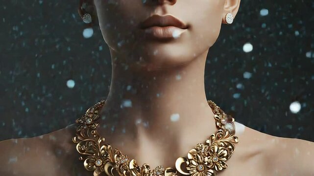 Golden floral necklace embellished with diamonds on woman's neck, sparkling background