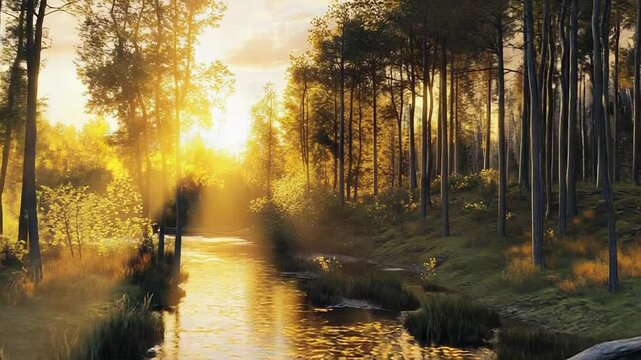 Golden sunset illuminating calm river flowing through forest