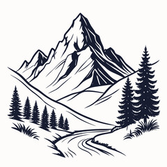 Obraz premium Hand Drawn Dark Blue Mountain Range Silhouette White Background