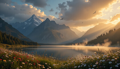 Golden Hour Nature Landscape with Mountains, Lake, and Wildflowers