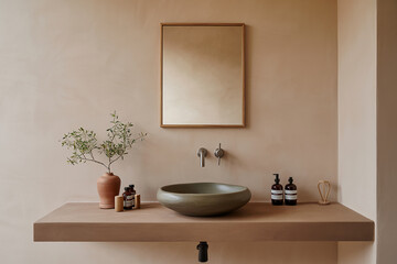 Modern minimalist bathroom vanity with stone sink and natural decor