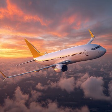 a completely white boeing 737 with a yellow rear stabilizer flying high above the clouds at sunset, beautiful orange sunser colors, close up view from the side.