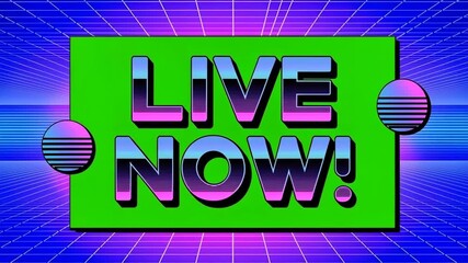 Retro style live streaming announcement with vibrant colors and dynamic motion graphics for engaging online broadcasts