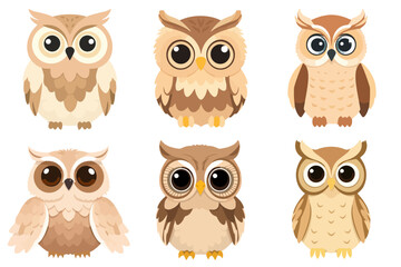 Cute Cartoon Owls Set Illustration Animal Wildlife Bird Nature Design Collection Graphic Adorable Character
