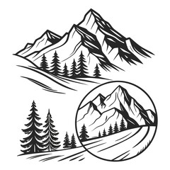 Obraz premium Black and White Hand Drawn Mountain Icons Sketch mountains