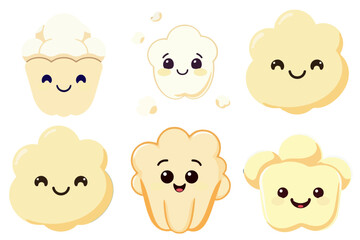 Cute Kawaii Cartoon Popcorn Characters with Happy Smiling Faces Funny Food Snack Graphic Illustration Set