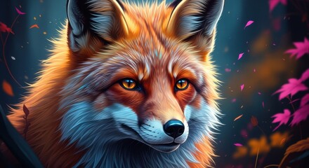Fototapeta premium Close up portrait of a majestic red fox in a magical autumn forest setting with glowing eyes and colorful foliage
