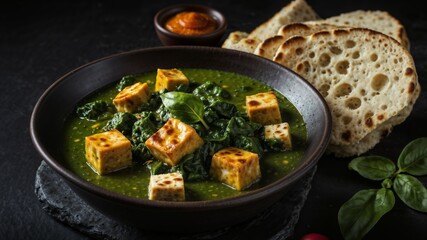 Delicious Bowl of Palak Paneer with Fresh Bread and Chutney