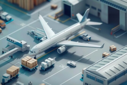 isometric D airport cargo plane loading packages blue and silver on plane .