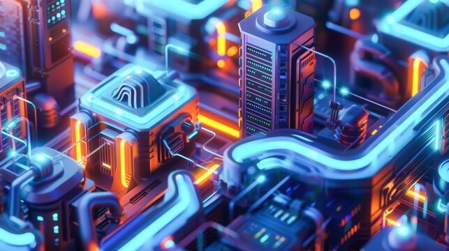 isometric D AI server farm with glowing data streams and cooling vents neon blue and black .