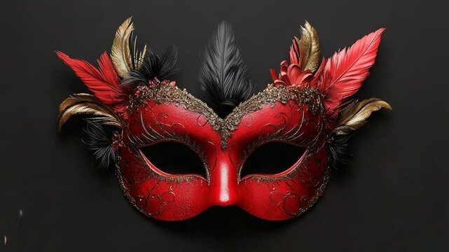 Red and gold venetian carnival mask with feathers and falling confetti