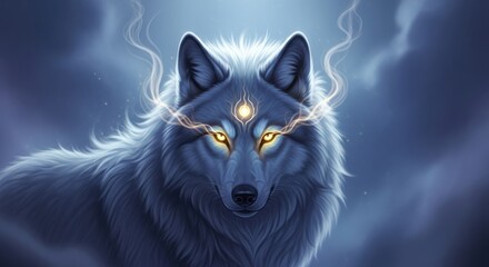 Obraz premium Mystical Wolf with Glowing Eyes and Ethereal Aura in a Dreamy Landscape