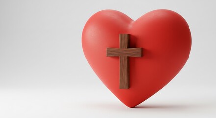 Rood hart toont houten kruis zacht licht. AI Generated