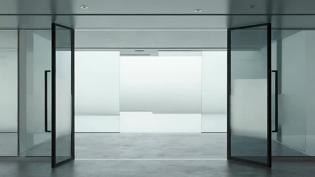Modern glass door opening into empty office space