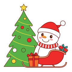 Cheerful Cartoon Snowman in Sleigh with Gifts Christmas Tree