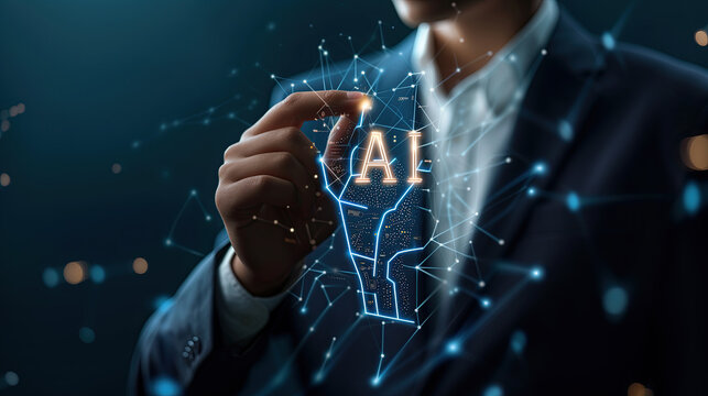  A business professional interacts with a glowing AI concept holographic interface.