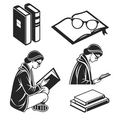 Black and white icons of people reading books and glasses