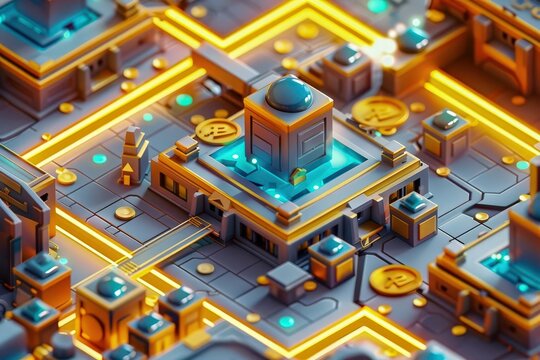 isometric D decentralized finance platform with staking coins and vault gold and blue on vault .
