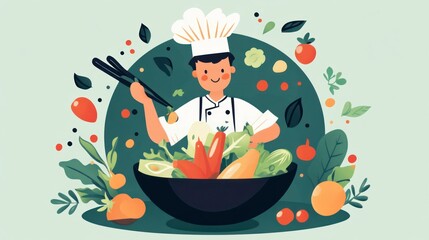 Chef prepares healthy salad illustration