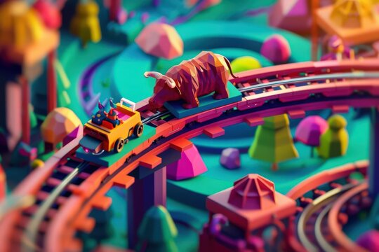 isometric D emotional rollercoaster track with bull and bear carts on drop .