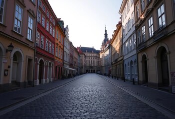 Fototapeta premium Empty cobblestone street, Old Town Prague, Czech Republic, morning light, old town square, sunlight