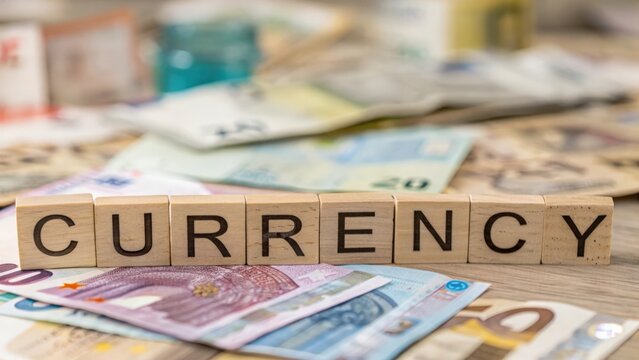 Wooden blocks spelling "CURRENCY" with blurred international finance scene

