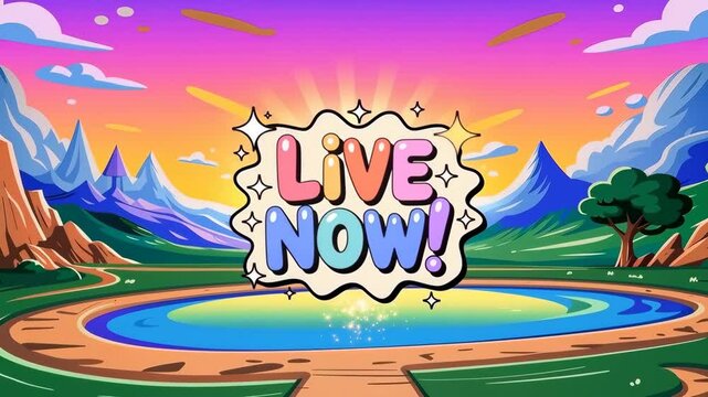 Vivid cartoon landscape animation with mountains, lake and the words Live Now encouraging seizing the day and enjoying life in a vibrant and colorful setting