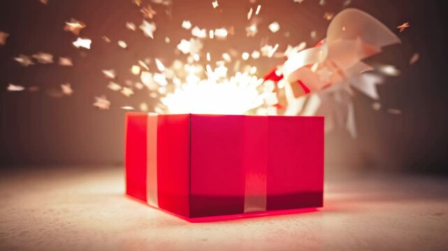 Open red gift box with glowing magical sparkles, surprise, celebration, wish, mystery, holiday concept