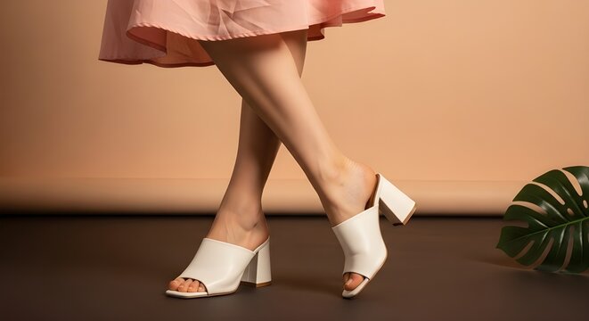 Woman wearing stylish white mule heels with pink dress