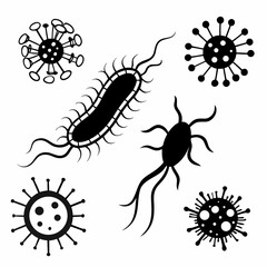 Black silhouette bacteria and virus shapes microscopic