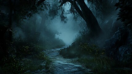 Misty forest stream nighttime landscape