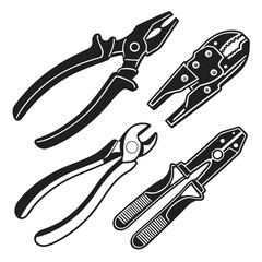 Black silhouettes of electrical pliers and wire strippers