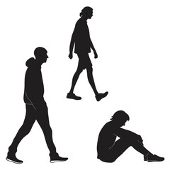 Black silhouettes of men walking and sitting people