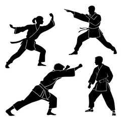 Black silhouettes of martial artists in dynamic poses