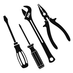 Black silhouettes of screwdrivers wrenches and pliers