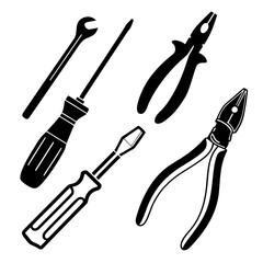 Black silhouettes of repair tools screwdriver pliers
