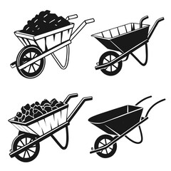 Black silhouettes of wheelbarrows and carts black and white