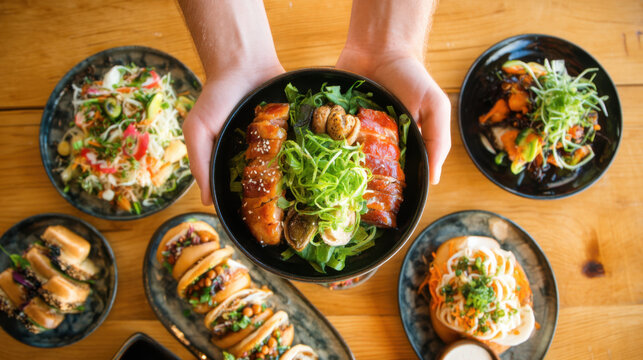 A person holds a bowl of Asian-inspired food topped with greens, surrounded by various dishes and bao buns on a wooden table.