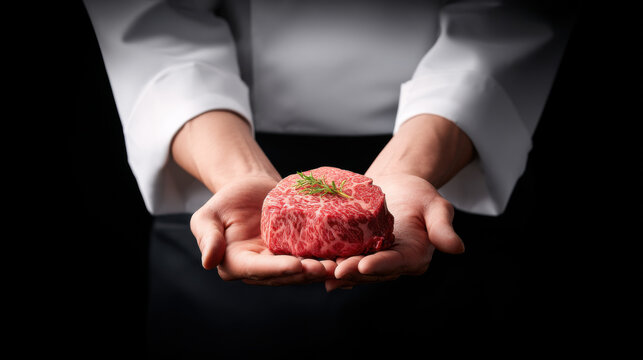 A chef in white attire holds a beautifully marbled raw steak garnished with a small sprig of herbs, set against a dark background.