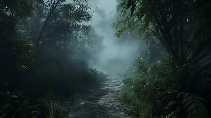 Misty jungle path