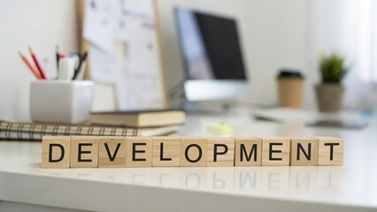 Blurred workspace with wooden blocks spelling "DEVELOPMENT" on clean desk
