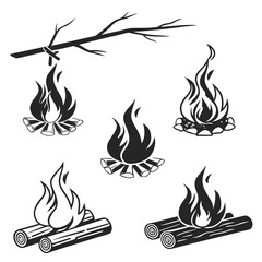 Campfire flames and logs silhouettes wood