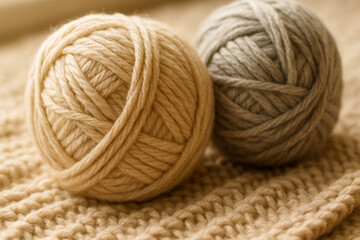Beige and Gray Yarn Balls on Knitted Fabric – Close-Up Textured Craft Scene with Neutral Tones