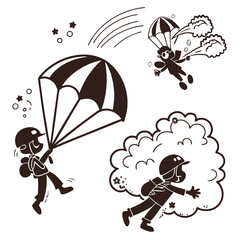 Cartoon skydivers with parachutes and clouds jumping