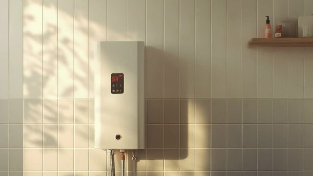 Modern electric water heater hanging on tiled bathroom wall